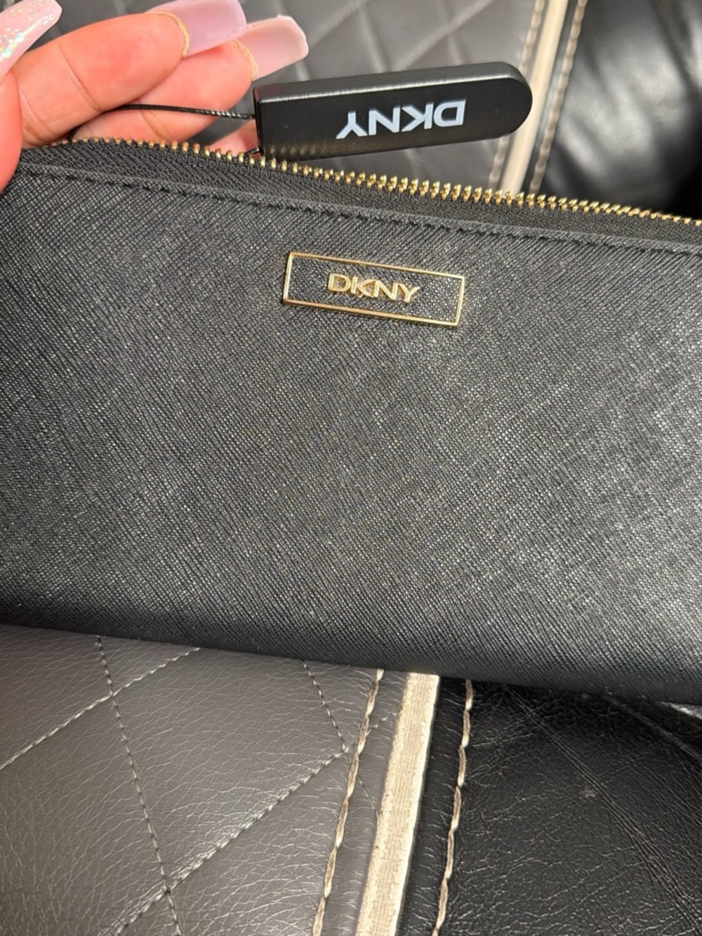 DKNY Black Saffiano Zip Clutch with Gold Hardware
